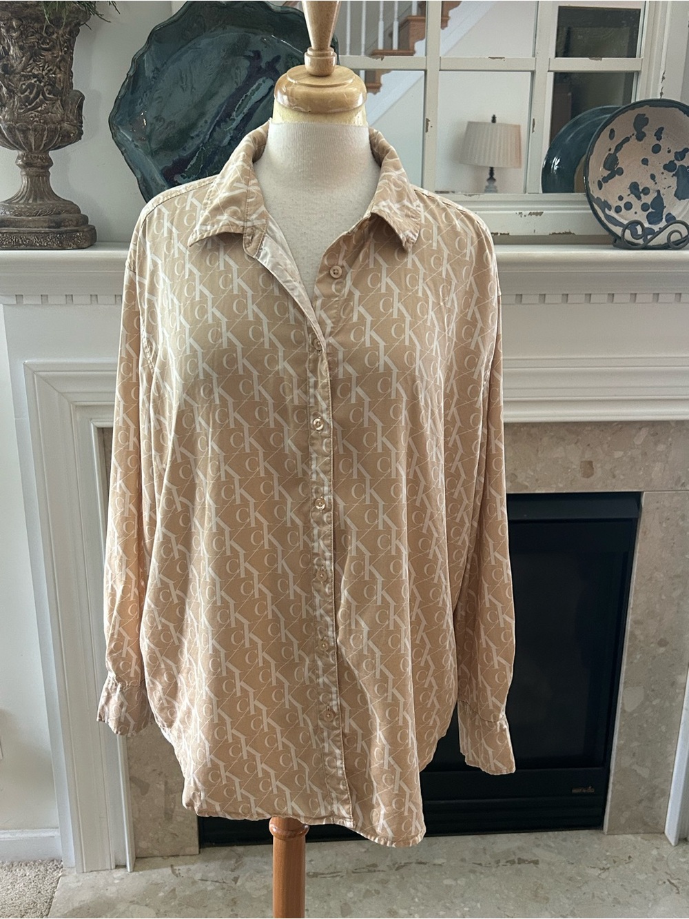 Calvin Klein Oversized Beige Logo-Print Button Front Shirt